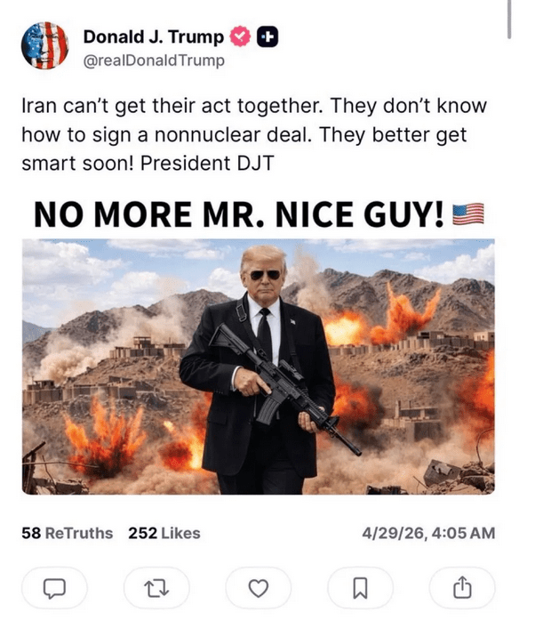 Donald Trump na Truth Social na tle irańskich wzgórz z karabinem i tytułem „koniec z byciem miłym gościem"