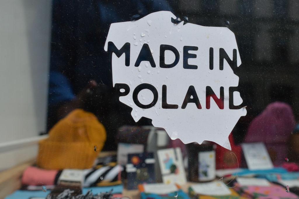 A Made In Poland sign on a shop window in Krakow.
