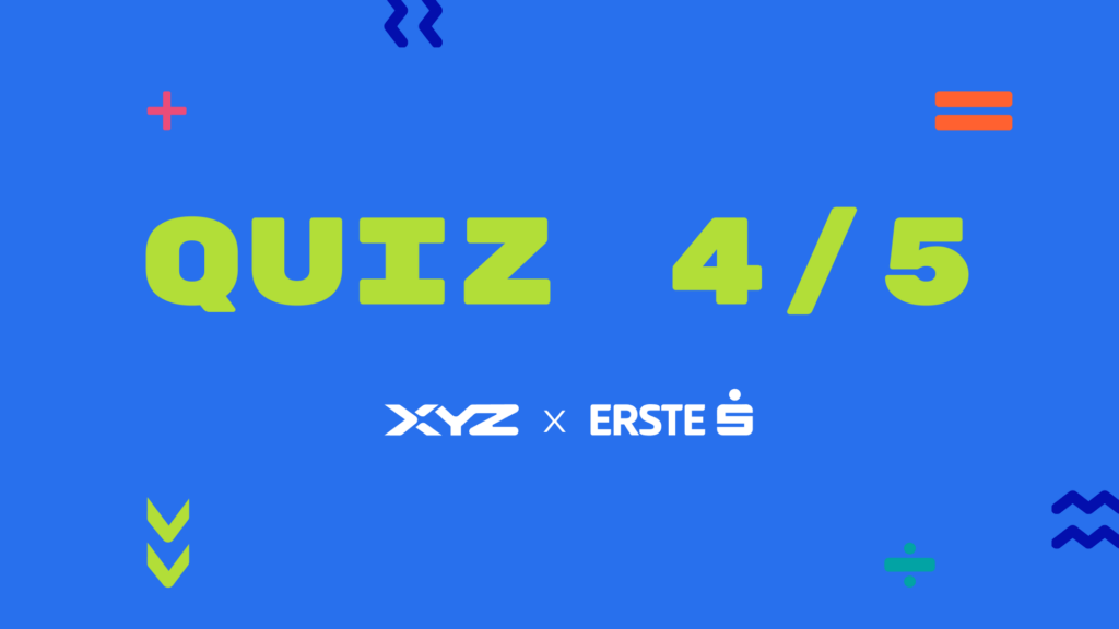 Grafika z napisem „QUIZ 4/5” na niebieskim tle z logotypami XYZ oraz ERSTE