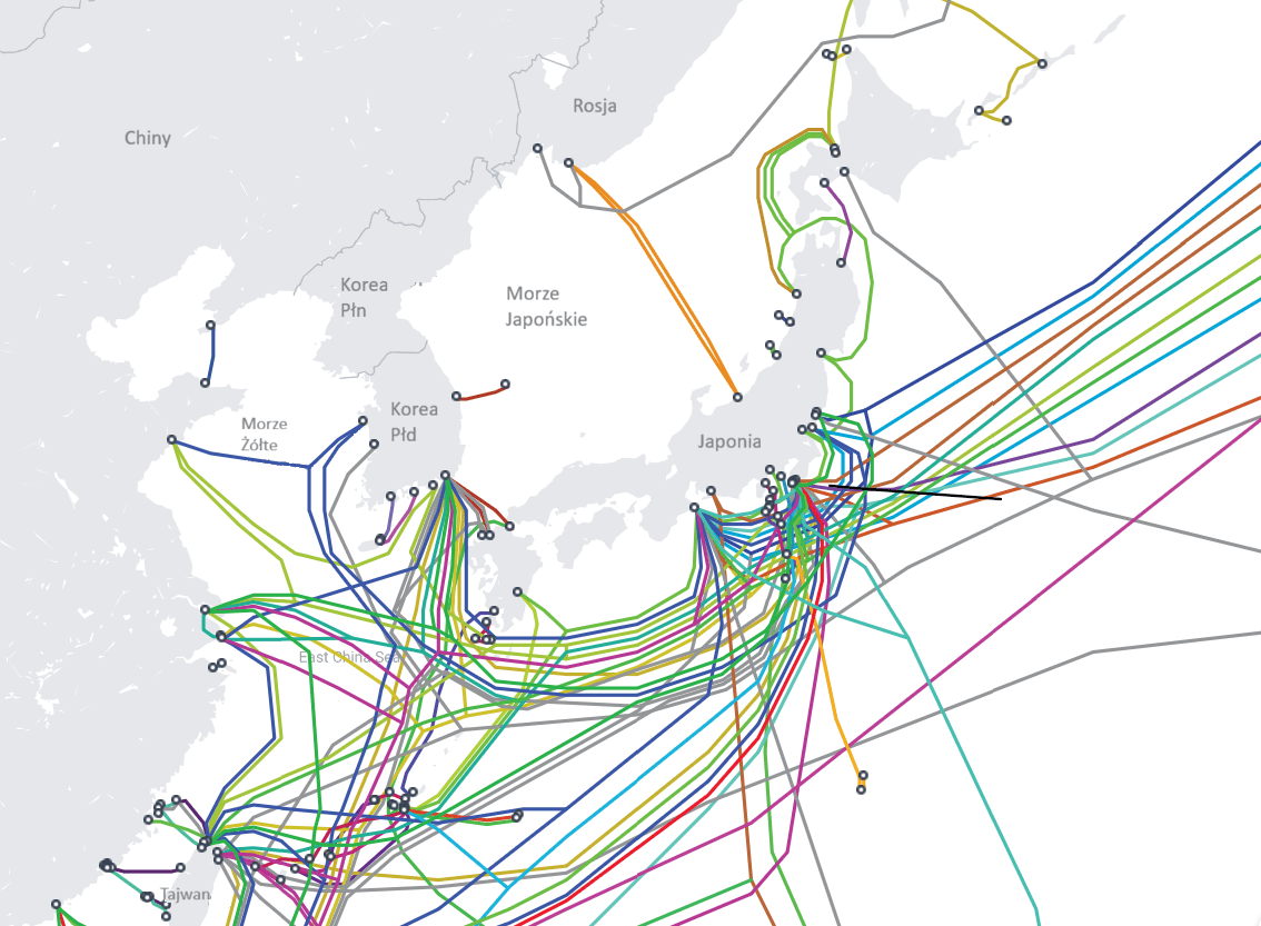 Mapa kabli podmorskich wokół Japonii