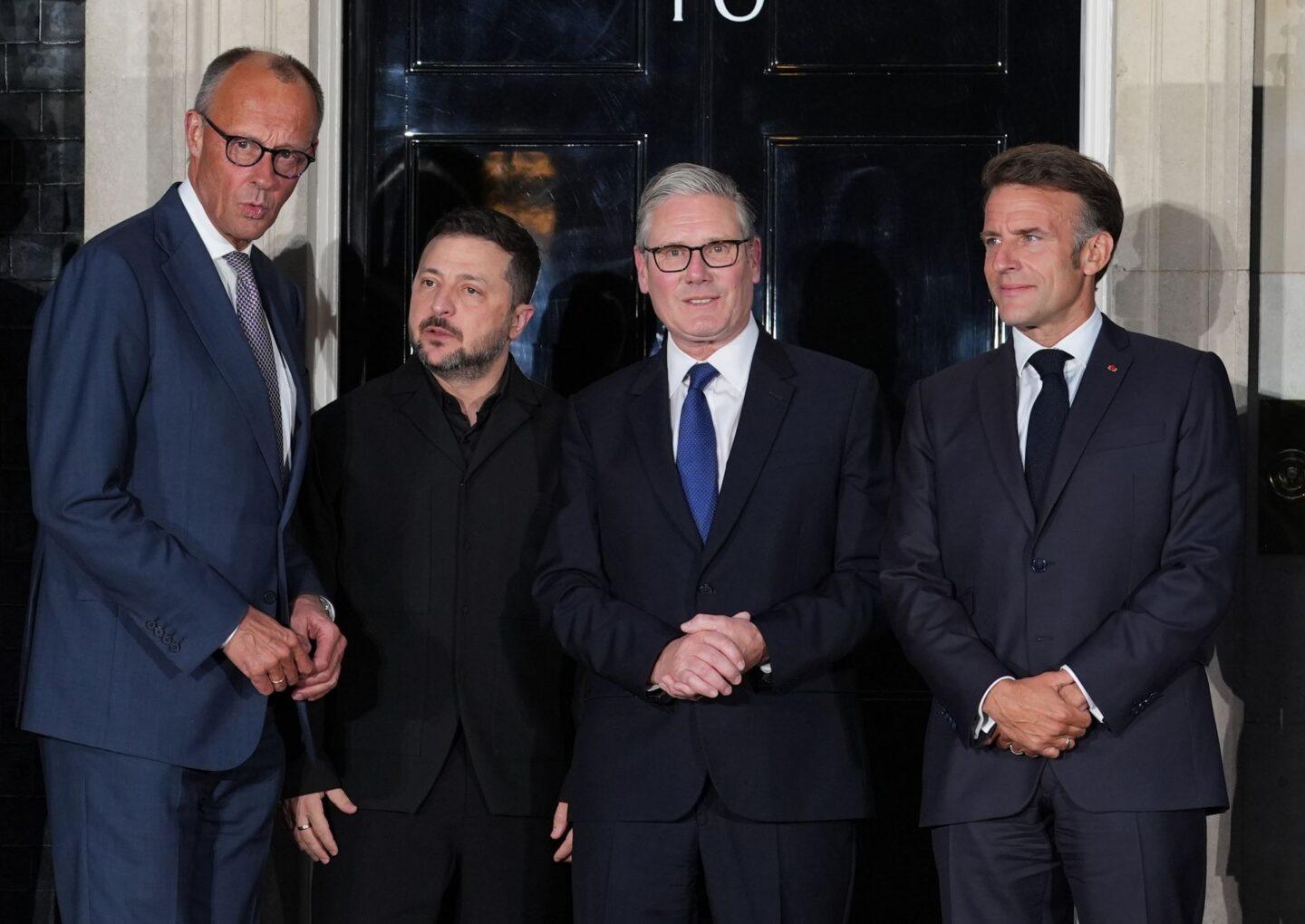 Od lewej kanclerz Niemiec Friedrich Merz, prezydent Ukrainy Wołodymyr Zełenski, premier Wielkiej Brytanii Keir Starmer, prezydent Francji Emmanuel Macron