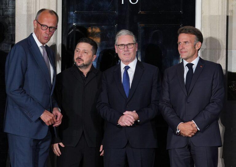 Od lewej kanclerz Niemiec Friedrich Merz, prezydent Ukrainy Wołodymyr Zełenski, premier Wielkiej Brytanii Keir Starmer, prezydent Francji Emmanuel Macron