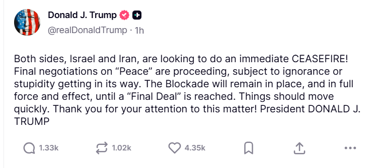 Wpis Donalda Trumpa na platformie Truth Social