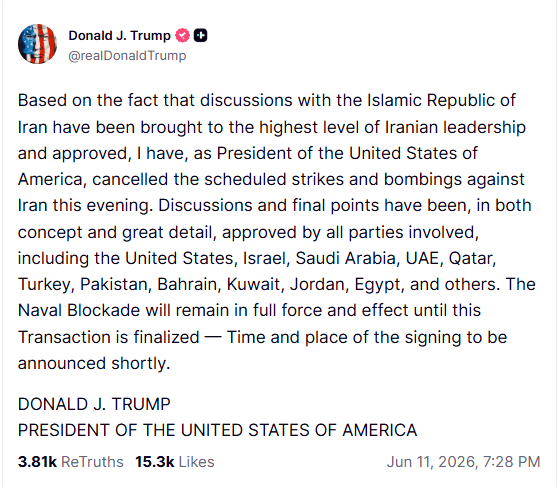 Zrzut z ekranu z wypowiedzią Donalda Trumpa w serwisie Truth Social. Fot. XYZ