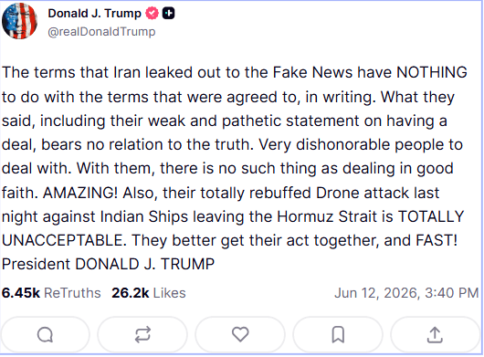 Zrzut ekranu z wypowiedzią Trumpa w portalu Truth Social