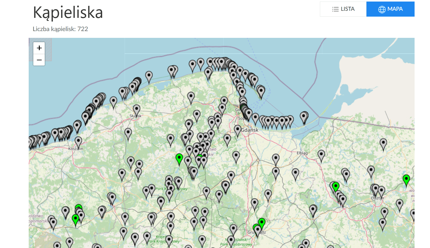 Zrzut z ekranu ze strony GIS z widocznymi kąpieliskami