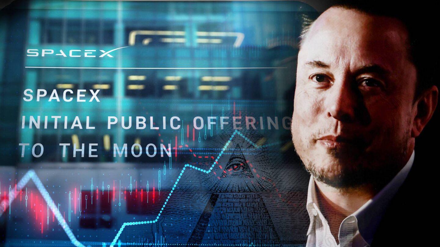 Elon Musk na tle wykresu giełdowego i napisów "IPO Space X", "to the moon"