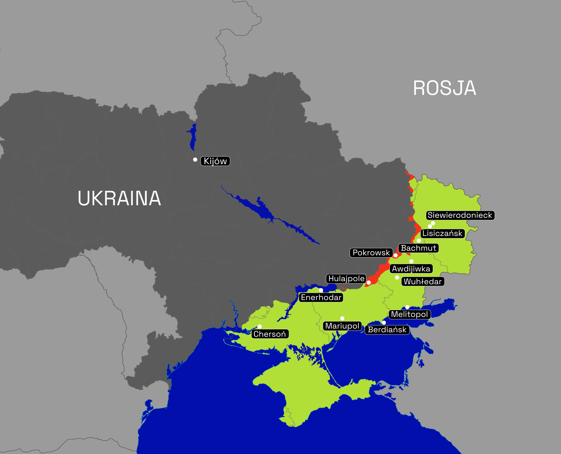 Mapa Ukrainy z linią frontu i terenami okupowanymi przez Rosję