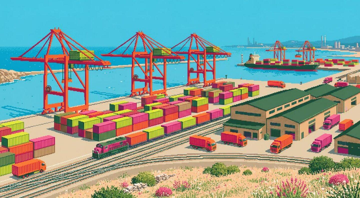 Trójwymiarowa wizualizacja przedstawiająca port kontenerowy (wizualizacja firmy Cargofy)
