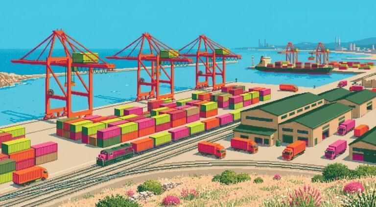 Trójwymiarowa wizualizacja przedstawiająca port kontenerowy (wizualizacja firmy Cargofy)