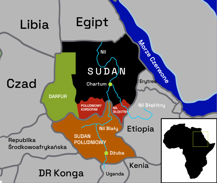 Mapa z położeniem Sudanu Południowego względem sąsiadów