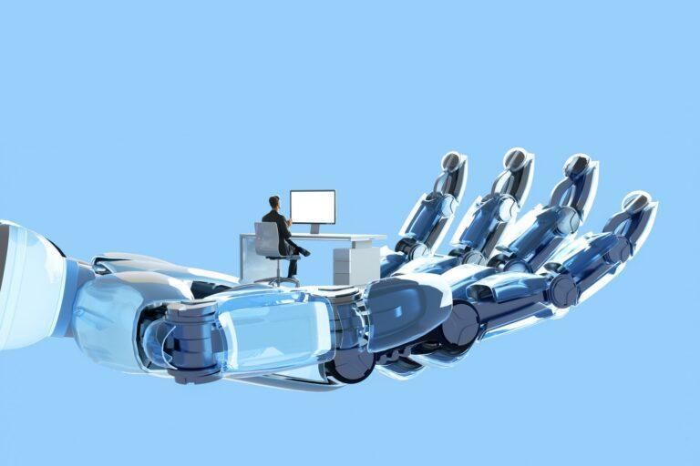 Ilustracja ręki robota, wspierającego pracującego mężczyznę