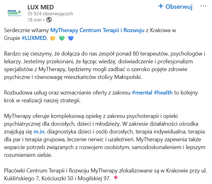 Zrzut z ekranu wpisu Lux Med w portalu LinkedIn