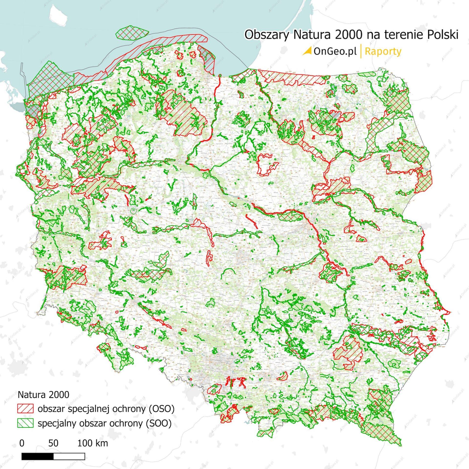 Mapa Polski z zaznaczonymi terenami objętymi programem Natura 2000