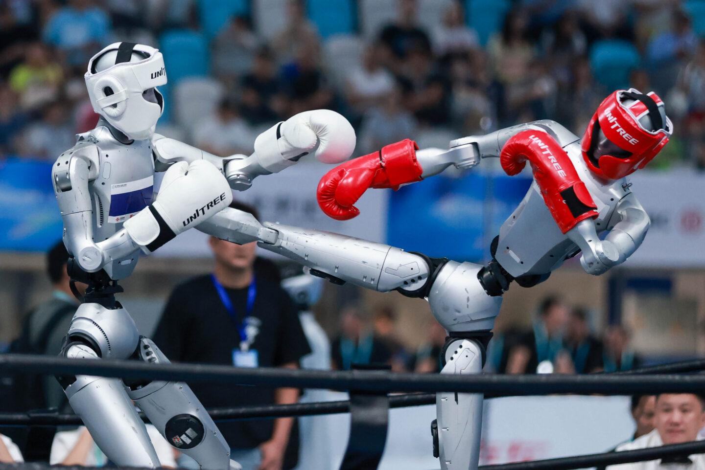 Dwa roboty o ludzkich kształtach walczą na ringu z publicznością w tle