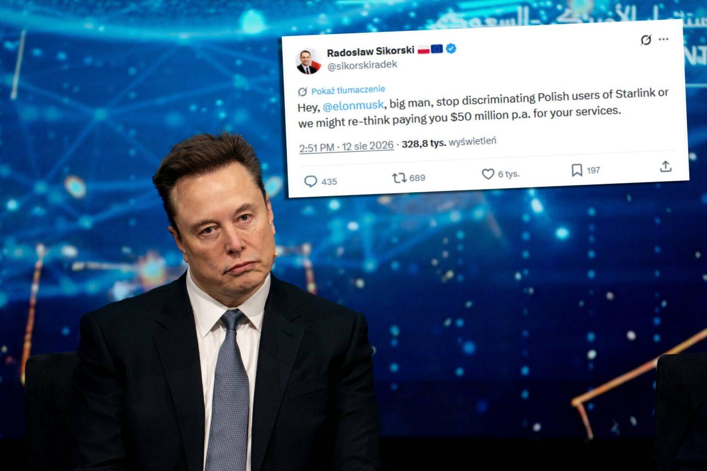 Tweet Radosława Sikorskiego na tle zdjęcia Elona Muska