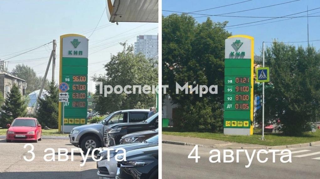 Ceny na jednej ze stacji paliw w Krasnojarsku 3 sierpnia, czyli w dniu wizyty Władimira Putina w mieście, oraz dzień później.