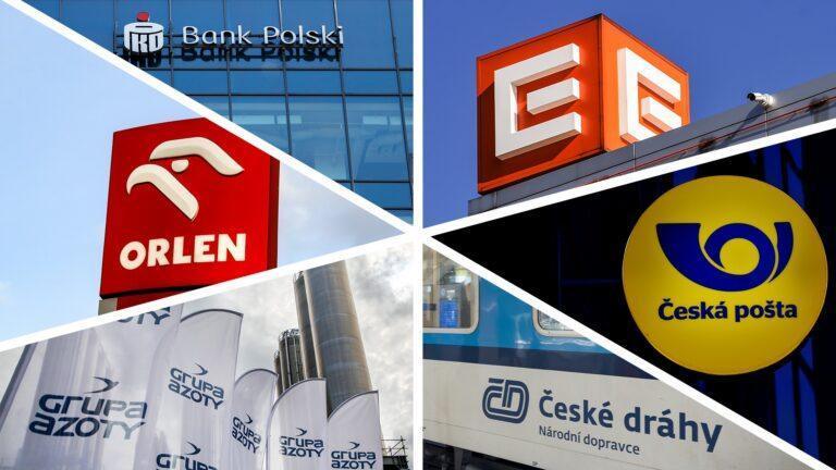 Logotypy dużych polskich i czeskich spółek kontrolowanych przez rządy: Orlenu, PKO BP i Grupy Azoty oraz ČEZ-u, Českých drah i České pošty.