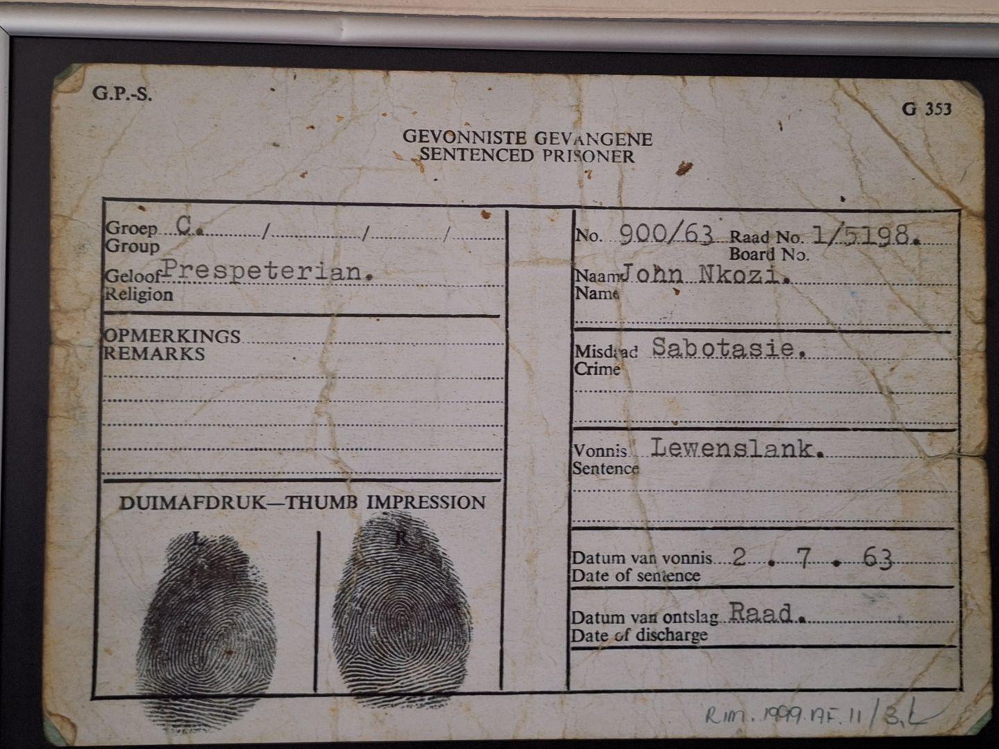 RPA, Robben Island, Akta więźnia.