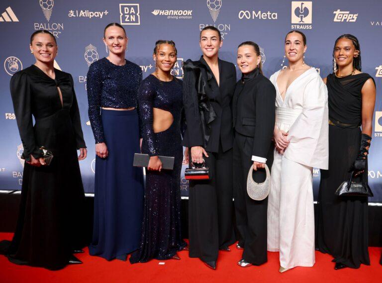 Ewa Pajor (pierwsza z lewej), Caroline Graham Hansen, Vicky Lopez, Patri Guijarro, Claudia Pina, Cata Coll and Esmee Brugts