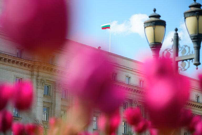 Flaga Bułgarii powiewa na budynku Zgromadzenia Narodowego w Sofii (Bułgaria).