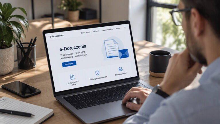 Na ilustracji wygenerowanej przez Copilota osoba korzystająca na laptopie ze strony e-doręczeń