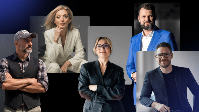 Od lewej Krzysztof Kaliciński, mentor liderów, Karolina Karolczak, coach, trenerka biznesu, mentorka, Marta Iwanowska-Polkowska, psycholożka, coachyca, autorka książek, Jakub B. Bączek, trener mentalny Roberta Lewandowskiego i dr Mateusz Grzesiak, psycholog, wykładowca akademicki, doradca strategiczny