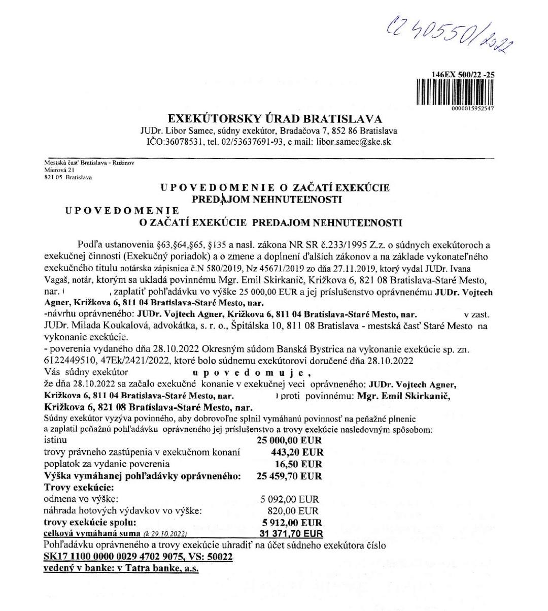 Zawiadomienie o wszczęciu egzekucji poprzez sprzedaż nieruchomości należącej do Emila Skirkaniča (1. strona).